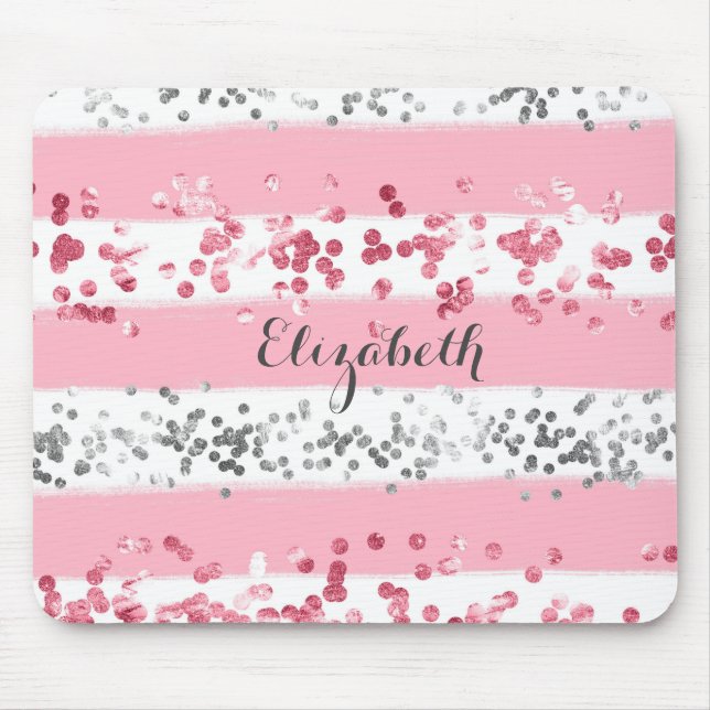 Monogram Name Pink White Gray Glitter Girly Trendy Mouse Pad (Front)