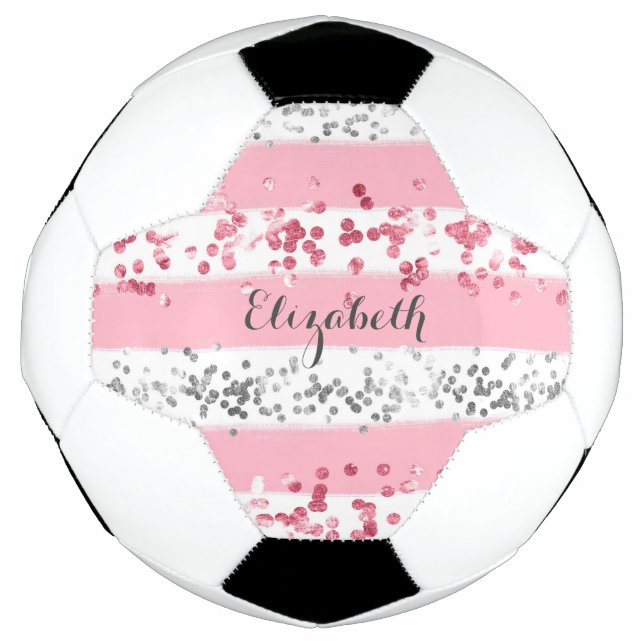 Monogram Name Pink White Gray Glitter Girly Trendy Soccer Ball (Front)