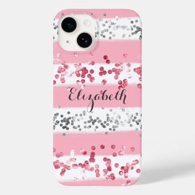 Monogram Name Pink White Gray Glitter Trendy Case-Mate iPhone Case (Back)