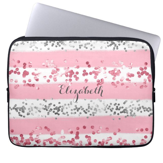 Monogram Name Pink White Gray Glitter Trendy  Laptop Sleeve (Front)