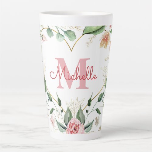 Monogram Name Pink White Rose Watercolor Floral Latte Mug