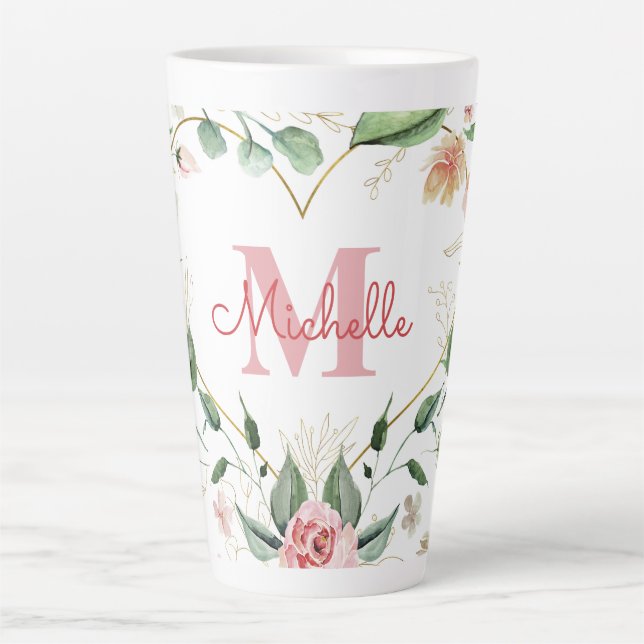 Monogram Name Pink White Rose Watercolor Floral Latte Mug (Front)
