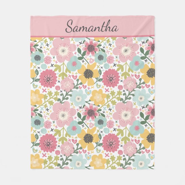 Monogram Name Pink Yellow Blue Floral  Fleece Blanket (Front)