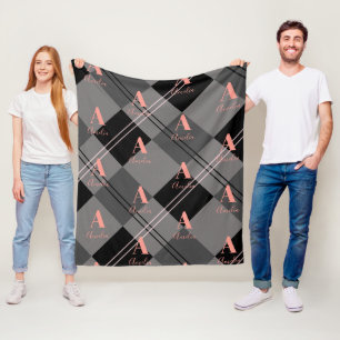 Monogram Name Plaid Gray Black Pink Fleece Blanket
