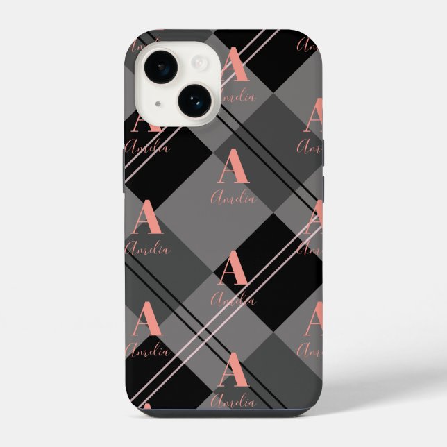 Monogram Name Plaid Gray Black Pink Iphone Case (Back)