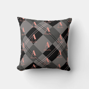Monogram Name Plaid Gray Black Pink Throw Pillow