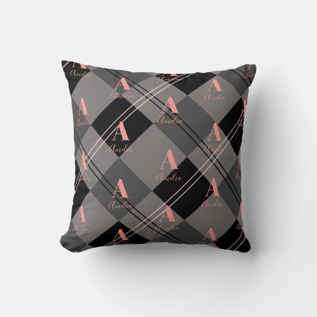 Monogram Name Plaid Gray Black Pink Throw Pillow (Front)