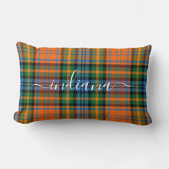 Monogram Name Plaid Orange Green Tartan Lumbar Pillow (Front)