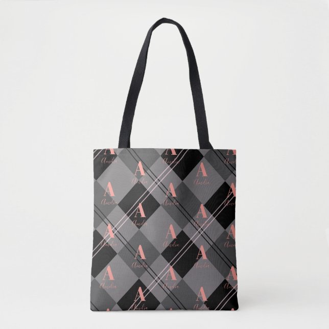 Monogram Name Plaid Pattern Gray Black Pink Tote Bag (Front)