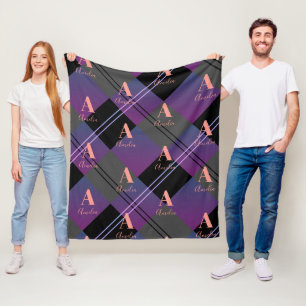 Monogram Name Plaid Purple Fleece Blanket
