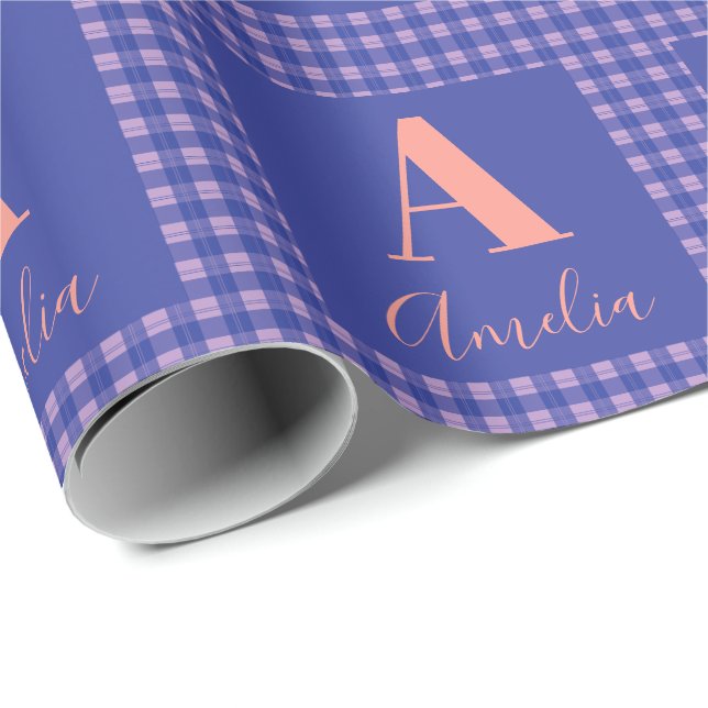 Monogram Name Plaid Purple Pink Wrapping Paper (Roll Corner)