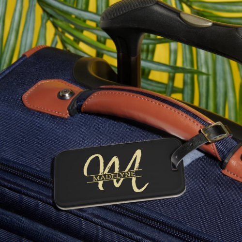  Monogram Name Plain Minimal Feminine Black  Gold Luggage Tag