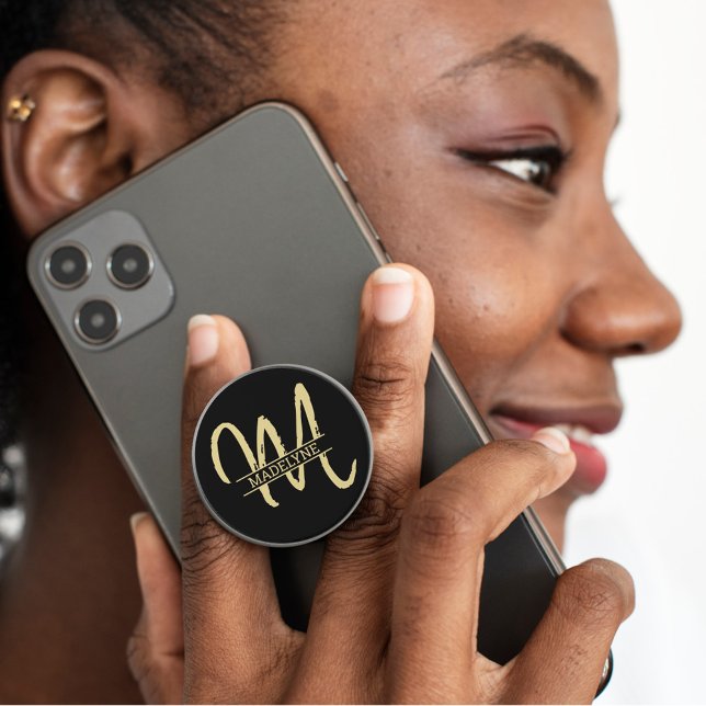  Monogram Name Plain Minimal Feminine Black & Gold PopSocket (Creator Uploaded)