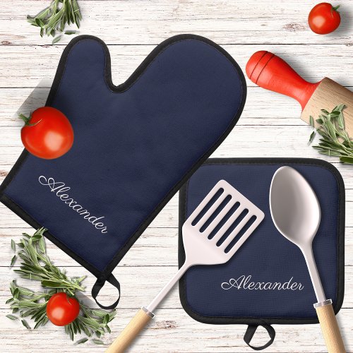 Monogram Name Plain Solid Navy Blue colored  Oven Mitt  Pot Holder Set