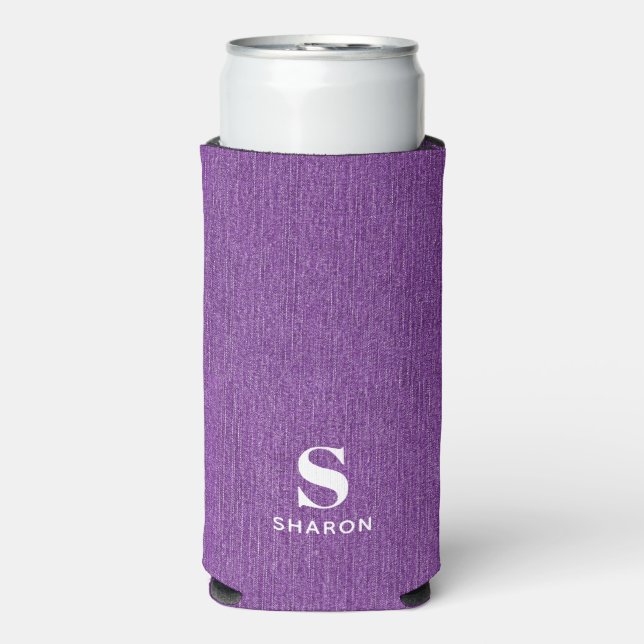 Monogram Name Purple Denim Print Slim Seltzer Can Cooler (Seltzer Front)