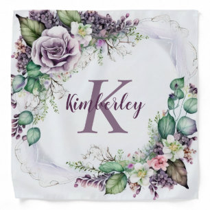 Monogram Name Purple Floral Green Foliage Rustic Bandana