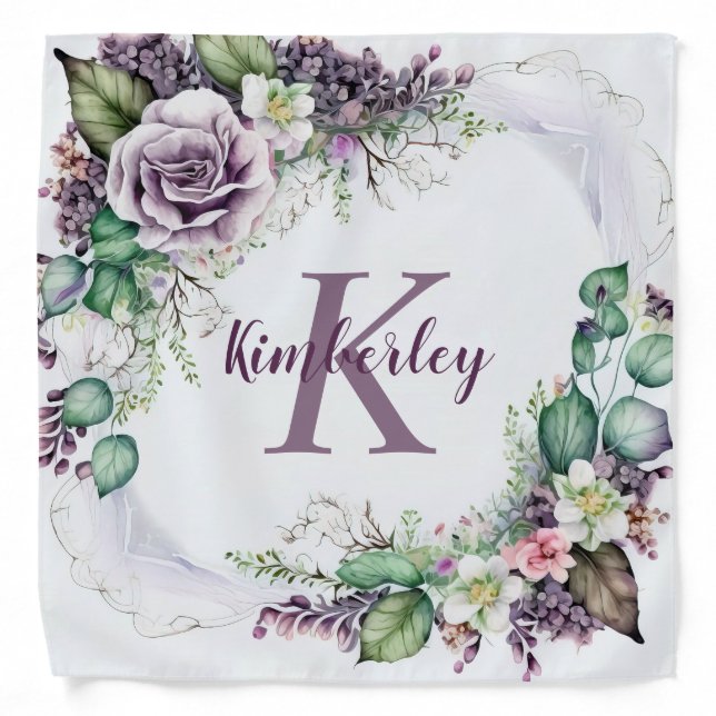 Monogram Name Purple Floral Green Foliage Rustic Bandana (Front)