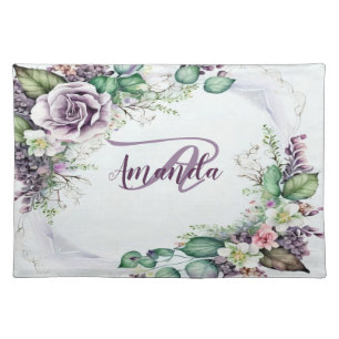 Monogram Name Purple Floral Green Foliage Rustic Cloth Placemat