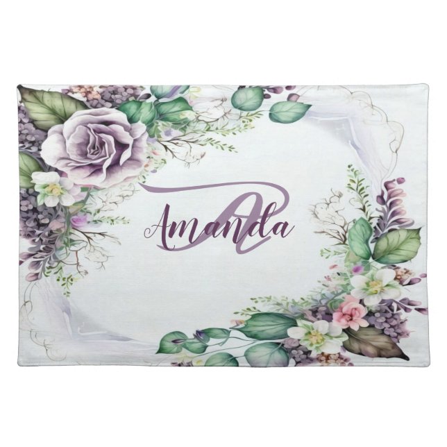 Monogram Name Purple Floral Green Foliage Rustic Cloth Placemat (Front)
