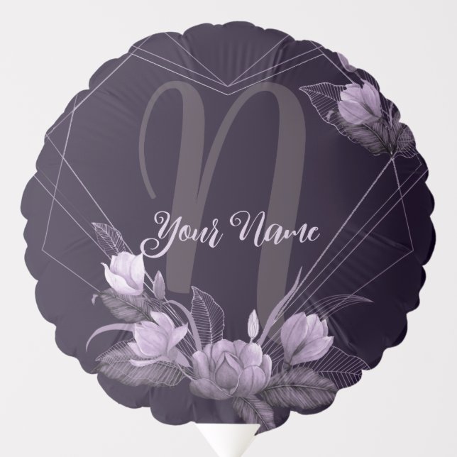 Monogram Name Purple Floral Violet Geometric Frame Balloon (Front)