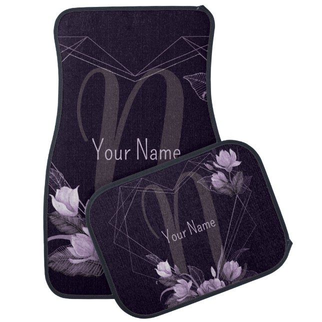 Monogram Name Purple Floral Violet Geometric Frame Car Floor Mat (Set)