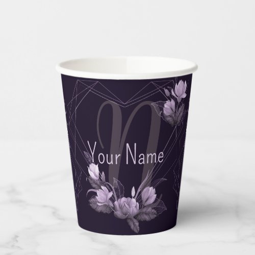 Monogram Name Purple Floral Violet Geometric Frame Paper Cups