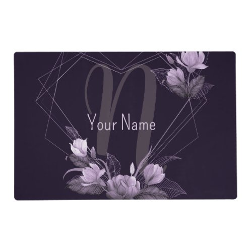 Monogram Name Purple Floral Violet Geometric Frame Placemat