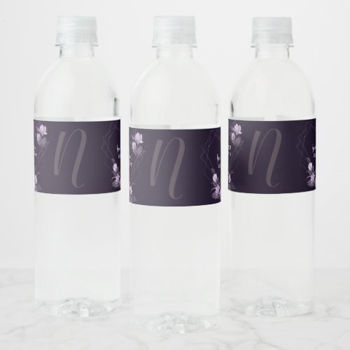 Monogram Name Purple Floral Violet Geometric Frame Water Bottle Label