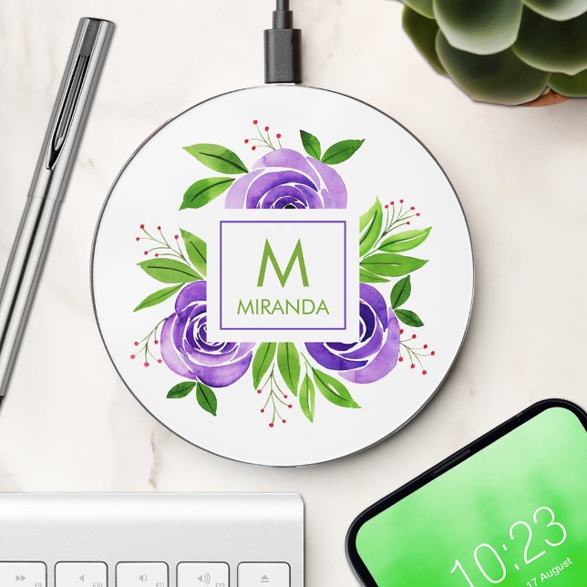 Monogram Name Purple Floral  Wireless Charger (Creator Uploaded)