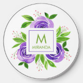 Monogram Name Purple Floral  Wireless Charger (Front)
