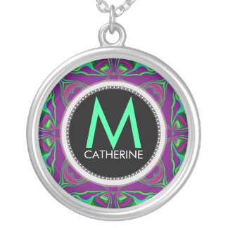 Monogram Name Purple Green Psychedelic Gift Neckla Silver Plated Necklace