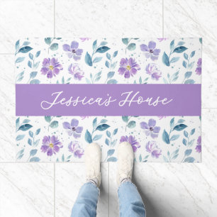 Monogram Name Purple Green Watercolor Wildflower Doormat