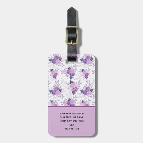 Monogram Name Purple Pink Floral Elegant Luggage Tag