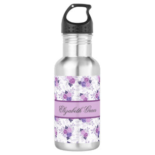 Monogram Name Purple Pink Floral Girls Stainless Steel Water Bottle