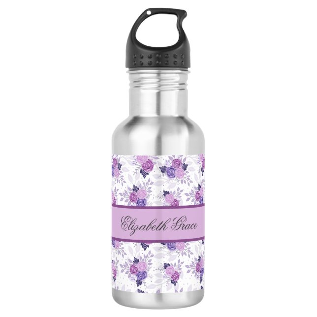 Monogram Name Purple Pink Floral Girls  Stainless Steel Water Bottle (Front)