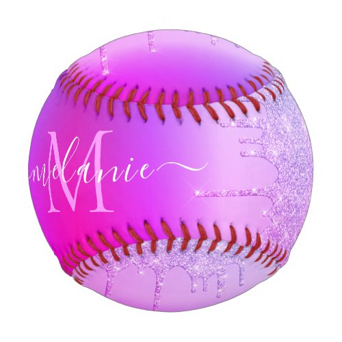 Monogram Name Purple Pink Neon Gold Glitter Drips Baseball