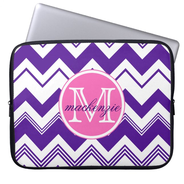 Monogram Name Purple White Chevron Pattern Laptop Sleeve (Front)