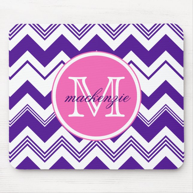 Monogram Name Purple White Chevron Pattern Mouse Pad (Front)