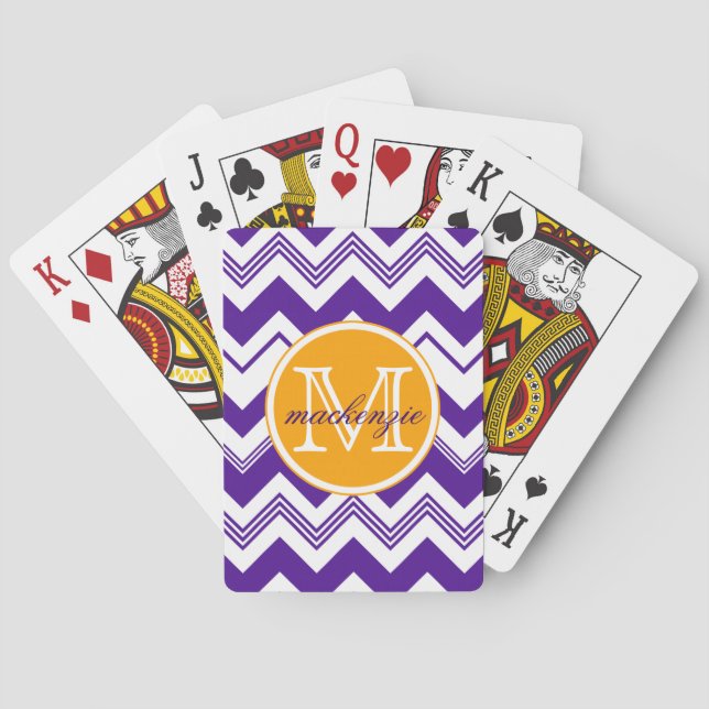 Monogram Name Purple White Chevron Pattern Poker Cards (Back)