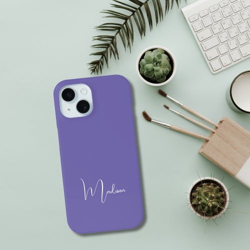 Monogram Name Purple White Minimal Stylish Chic  iPhone 15 Case