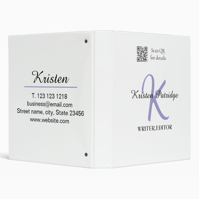 Monogram name purple writer editper QR code busine 3 Ring Binder (Background)