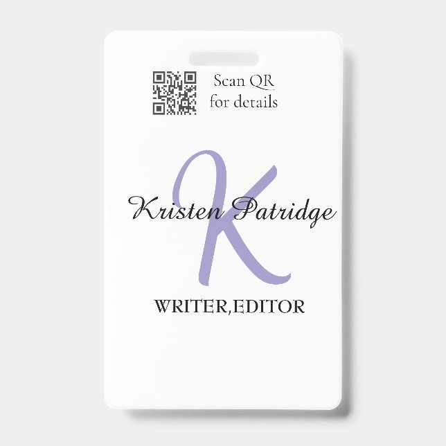 Monogram name purple writer editper QR code busine Badge (Front)