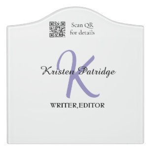 Monogram name purple writer editper QR code busine Door Sign