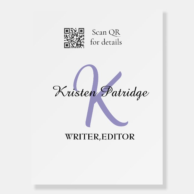 Monogram name purple writer editper QR code busine Foam Board (Front)