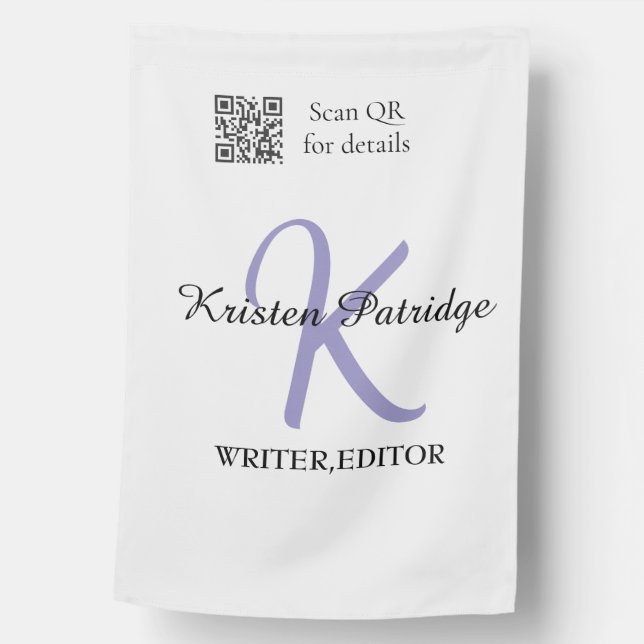 Monogram name purple writer editper QR code busine House Flag (Front)
