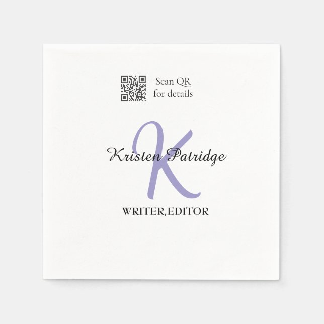 Monogram name purple writer editper QR code busine Napkins (Front)