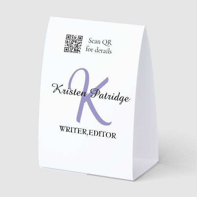 Monogram name purple writer editper QR code busine Paper Table Tent (Front)