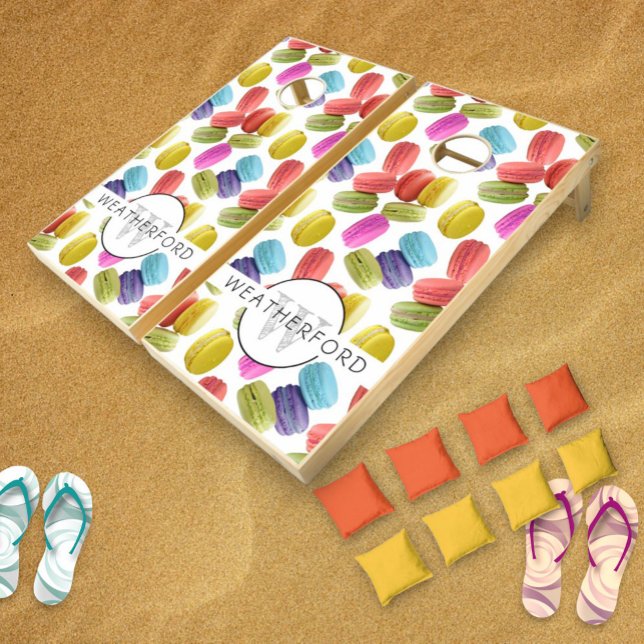 Monogram Name Rainbow Macaron Cookies Pattern Cornhole Set (cornhole macaron pattern on white)