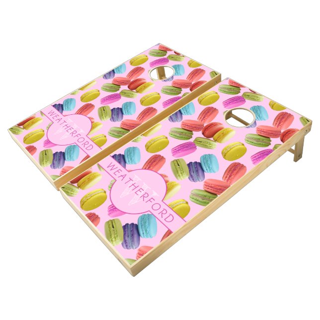 Monogram Name Rainbow Macaron Cookies Pattern Cornhole Set (Angled)