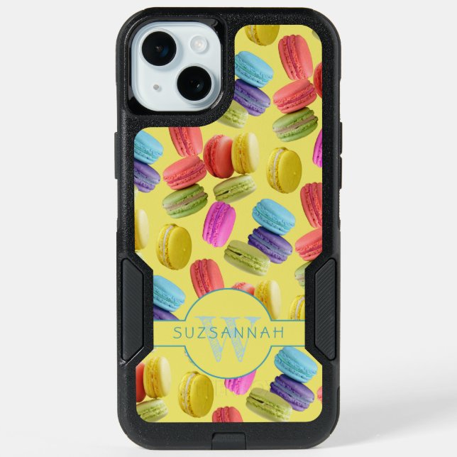 Monogram Name Rainbow Macaron Cookies Pattern iPhone 15 Plus Case (Back)